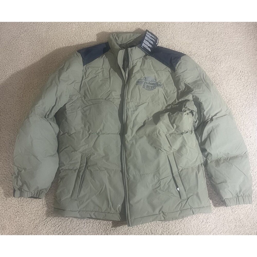 Harley Davidson Up North Woven Puffer Green Black Water Resistant Jacket Large